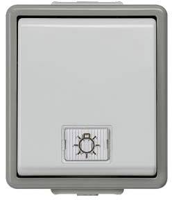 Einfacher Wandschalter mit Symbol einer Glühbirne im unteren Bereich, geeignet zur Steuerung der Beleuchtung in Innenräumen.