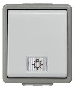 Ein quadratischer Lichtschalter mit einem kleinen Sonnensymbol unten, das auf eine Funktion zur Steuerung von Außenleuchten hinweist.