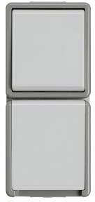 Zwei graue Lichtschalter übereinander auf neutralem Hintergrund.