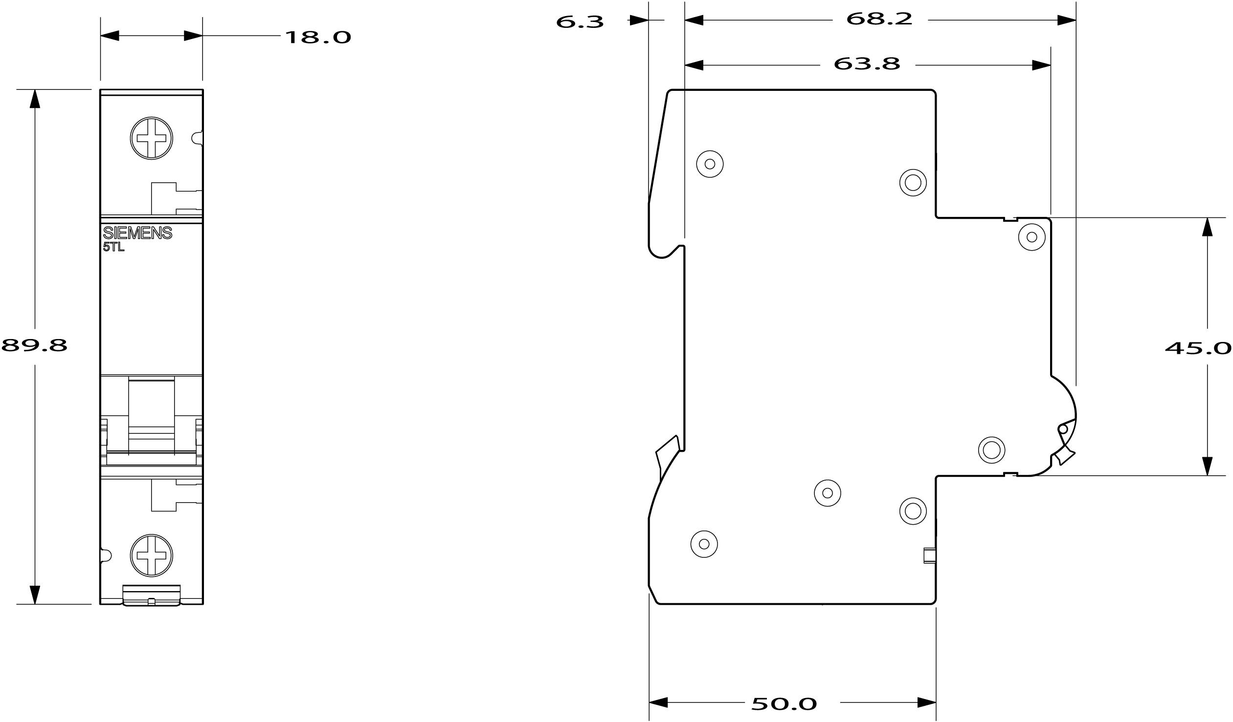 Zeichnung eines elektrischen Schalters mit Maßen: Höhe 89,8 mm, Breite 18 mm, Tiefe 63,8 mm. Weitere Details an der Seite sichtbar.