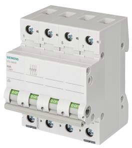 Leistungsschalter mit vier Schaltern, geeignet für den Einsatz in elektrischen Verteilungsanlagen. Markenname und Spezifikationen sichtbar.