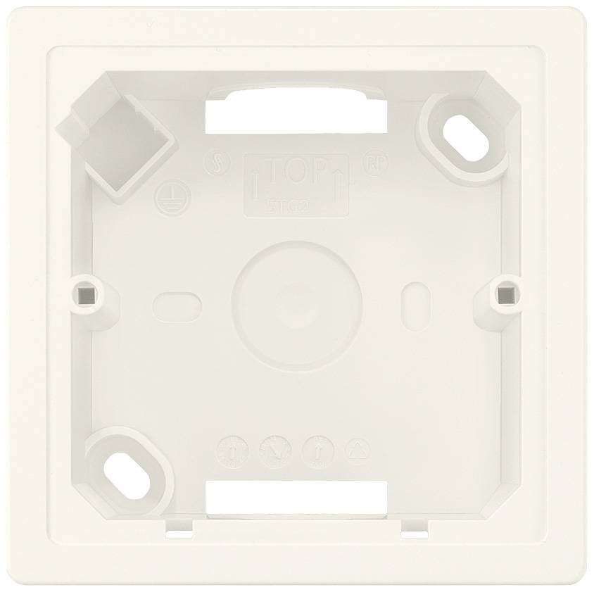 Leere weiße Installationsdose aus Kunststoff, rechteckig, mit vier Befestigungslöchern zur Wandmontage.