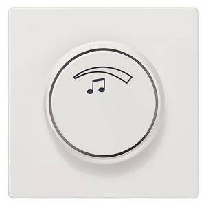 Ein weißer Wandschalter mit einem Musiknoten-Symbol, wahrscheinlich zum Regeln der Lautstärke eines Audiosystems.
