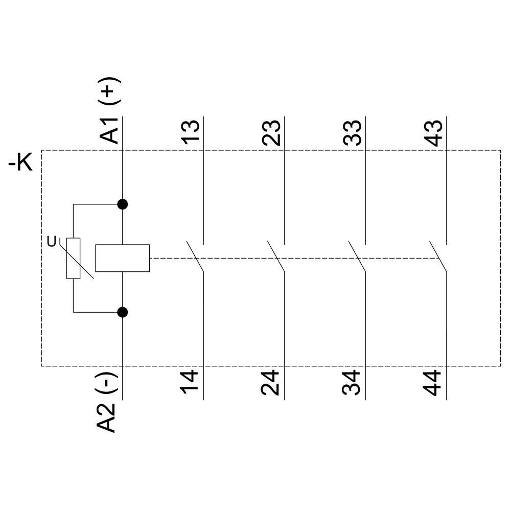 Technische Zeichnung eines Relais-Schaltplans mit Spulenanschlüssen A1 (+), A2 (-) und Kontaktstellen 13, 23, 33, 43.
