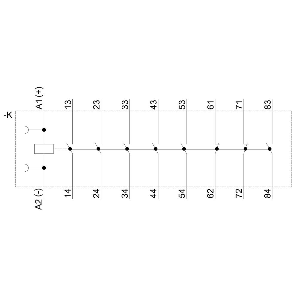 Schaltplan eines elektrischen Systems mit neun Klemmen, beginnend bei A1 (+) und endend bei A2 (-). Klemmen sind nummeriert von 14 bis 83.