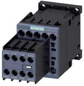 Schütz von Siemens, Modell Sirius, geeignet für industrielle Anwendungen. Gehäuse in Schwarz und Blau mit mehreren Anschlussklemmen.
