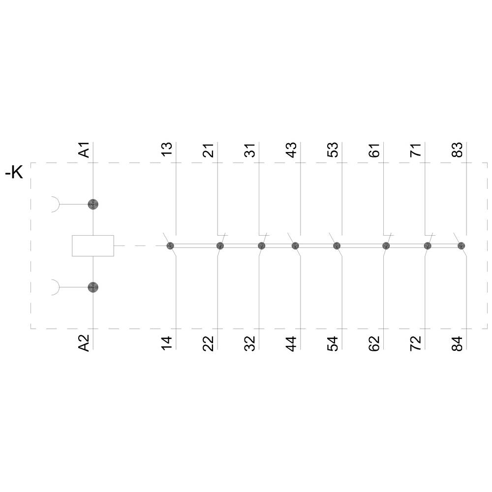 Schematische Darstellung einer elektrischen Schaltung mit mehreren Anschlüssen, nummeriert von 13 bis 84, und Schalter bei K.