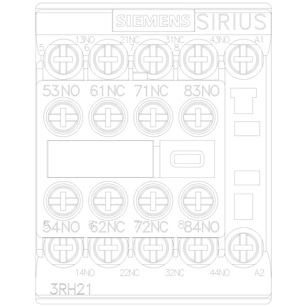 Ein elektrisches Schaltgerät von Siemens, Modell 'Sirius', mit mehreren Anschlussklemmen und Bezeichnungen wie '3RH21' für industrielle Anwendungen.
