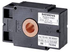 Ein schwarzes elektrisches Bauteil mit kupferfarbener Öffnung und Siemens-Logo. Etikett zeigt technische Spezifikationen.