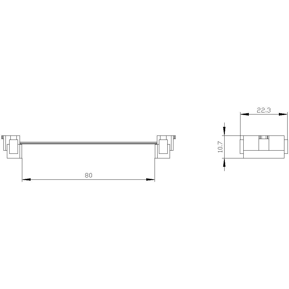 Technische Zeichnung eines Bauteils. Zeigt Front- und Seitenansicht mit Maßangaben: Breite 80 mm, Höhe 22,3 mm, Tiefe 10,7 mm.