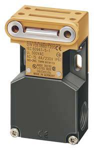 Schaltergehäuse mit gelbem Kopf und schwarzen Basisteil, Beschriftung zeigt elektrische Spezifikationen und Zertifizierungen.