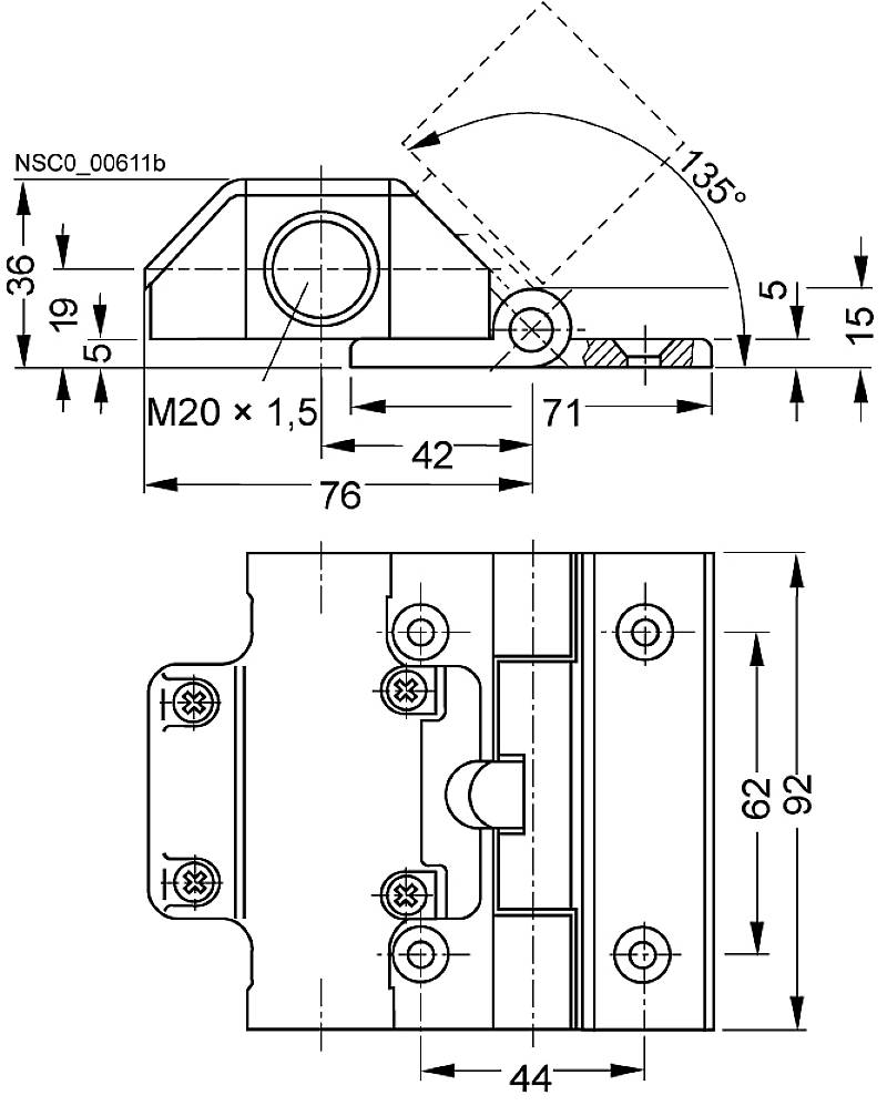 Technische Zeichnung eines Bauteils mit Maßen: Höhe 36 mm, Breite 44 mm, Länge 76 mm. Winkel von 135 Grad markiert.