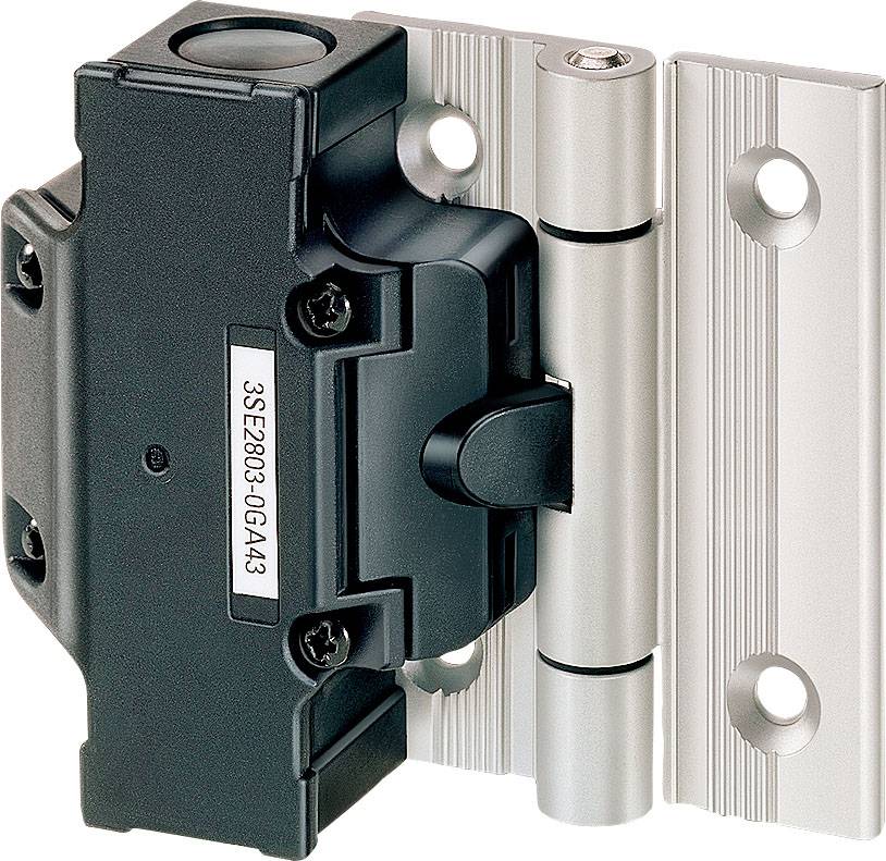Ein Metallscharnier mit einem integrierten Sicherheitsschalter. Ideal für industrielle Anwendungen zur Absicherung beweglicher Schutzeinrichtungen.