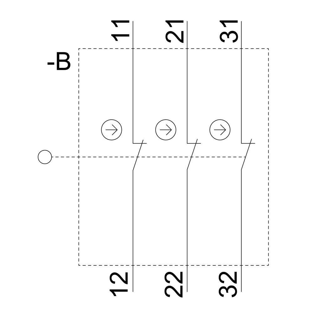 Ein Schaltplan zeigt drei Schalter in einer Reihe, nummeriert als '11', '21', '31', mit gepunkteten Linien und Pfeilen nach rechts. Oben links ist '-B' markiert.