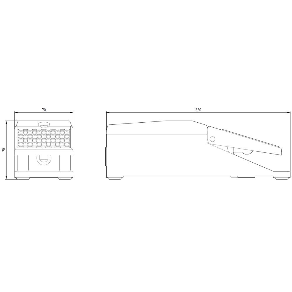 Technische Zeichnung eines rechteckigen Geräts mit Maßen. Seitenansicht und Vorderansicht zeigen Hebel oben, 220 mm Länge, 70 mm Breite und Höhe.