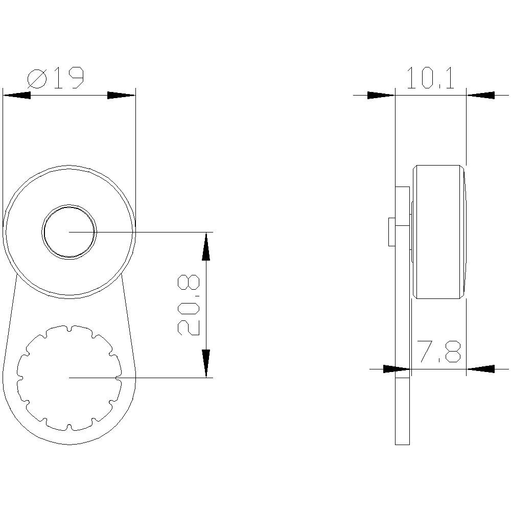 Technische Zeichnung eines runden Bauteils mit Maßen: Durchmesser 19 mm, Länge 20,8 mm, Breite 10,1 mm, Höhe 7,8 mm.