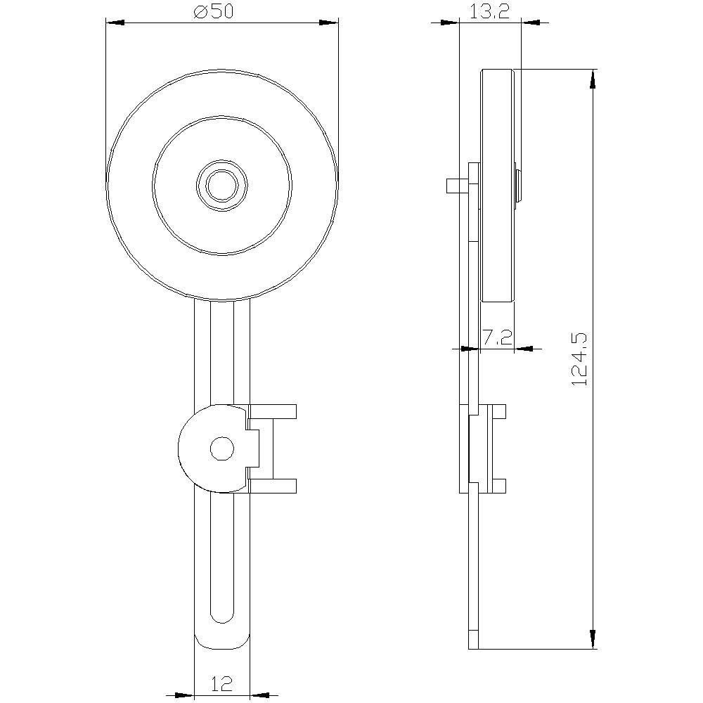 Technische Zeichnung eines mechanischen Bauteils mit Front- und Seitenansicht. Maße sind in Millimetern angegeben: Durchmesser 50, Höhe 124,5.