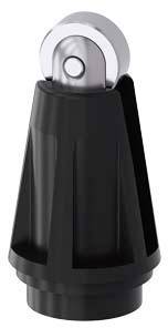 Schwarzer Kunststoffdrehknopf mit metallischem Einsatz oben; mechanisches Bauteil für Gerätebedienung.