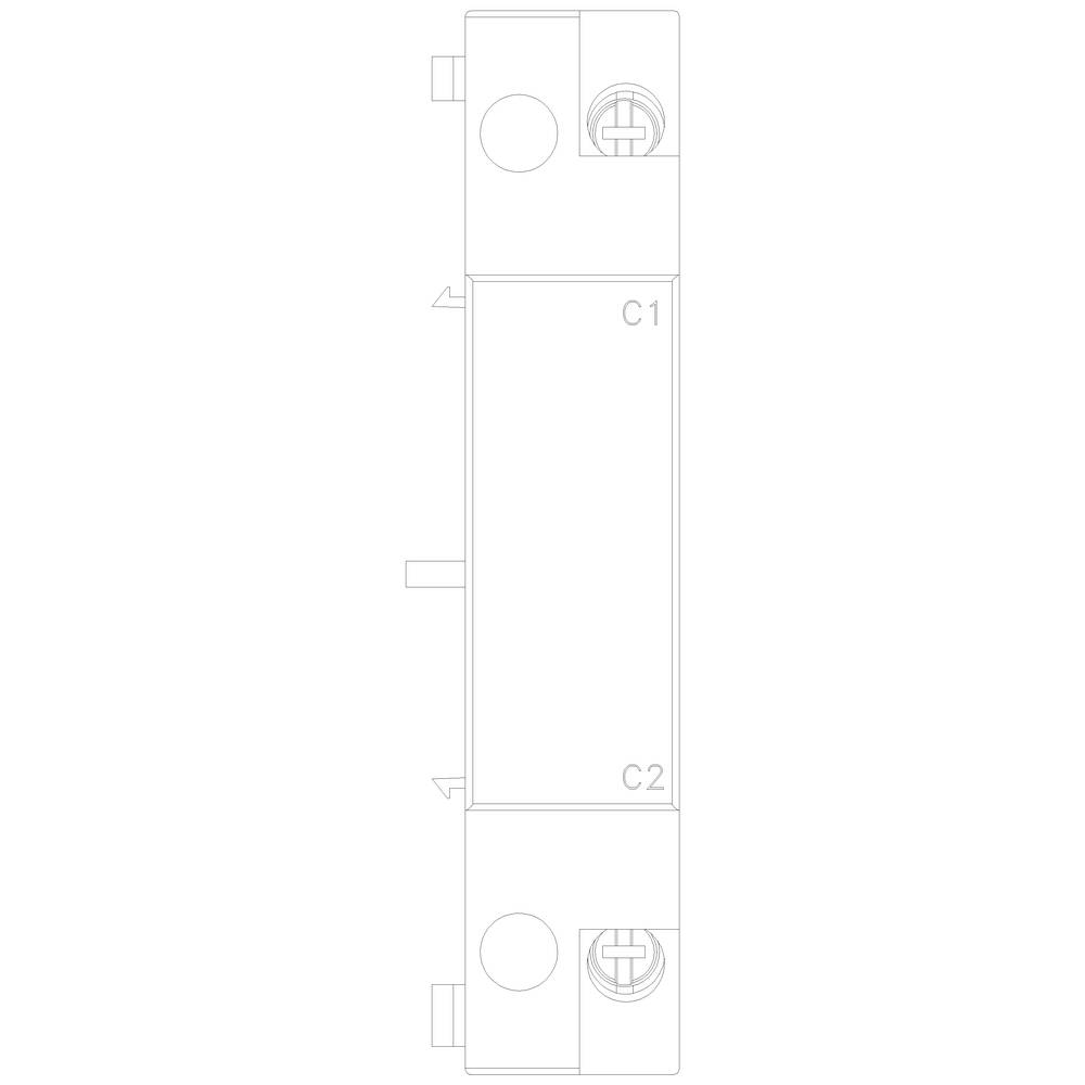Elektrisches Bauteil, frontal gezeichnet. Oben und unten befinden sich zwei runde Kontakte. Beschriftung: C1 oben, C2 unten.