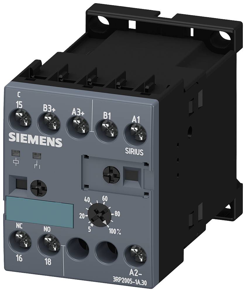 Ein Siemens-Schütz 3RP2005-1AA30 mit mehreren Anschlüssen und Regler, verwendet in elektrischen Schaltungen zur Steuerung von Stromkreisen.