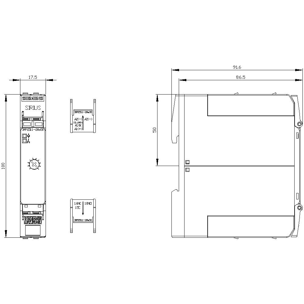 Technische Zeichnung eines Geräts mit Abmessungen: Breite 175 mm, Höhe 58 mm, andere Details zeigen Seitenansicht und Frontansicht.