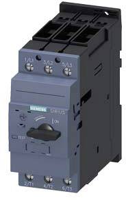 Ein blauer Siemens-Schütz mit Hebel und Beschriftungen für elektrische Anschlüsse. Verwendet zur Steuerung von Stromkreisen.