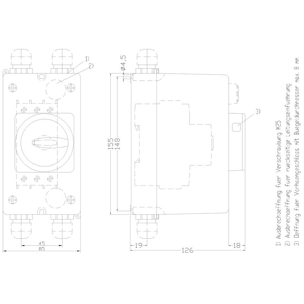 Technische Zeichnung eines Geräts mit Abmessungen. Beschriftungen: '1) Abdeckkappe', '2) Lieferung für Vakuumschloss mit Bugeleingreifer, 8 x 18 mm', Maße sind in mm angegeben.