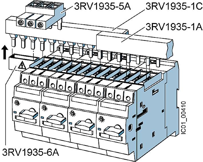 Schaltplan eines elektrischen Geräts mit Kennzeichnungen: '3RV1935-5A', '3RV1935-1C', '3RV1935-1A', '3RV1935-6A'. Enthält Hebel und Anschlüsse.