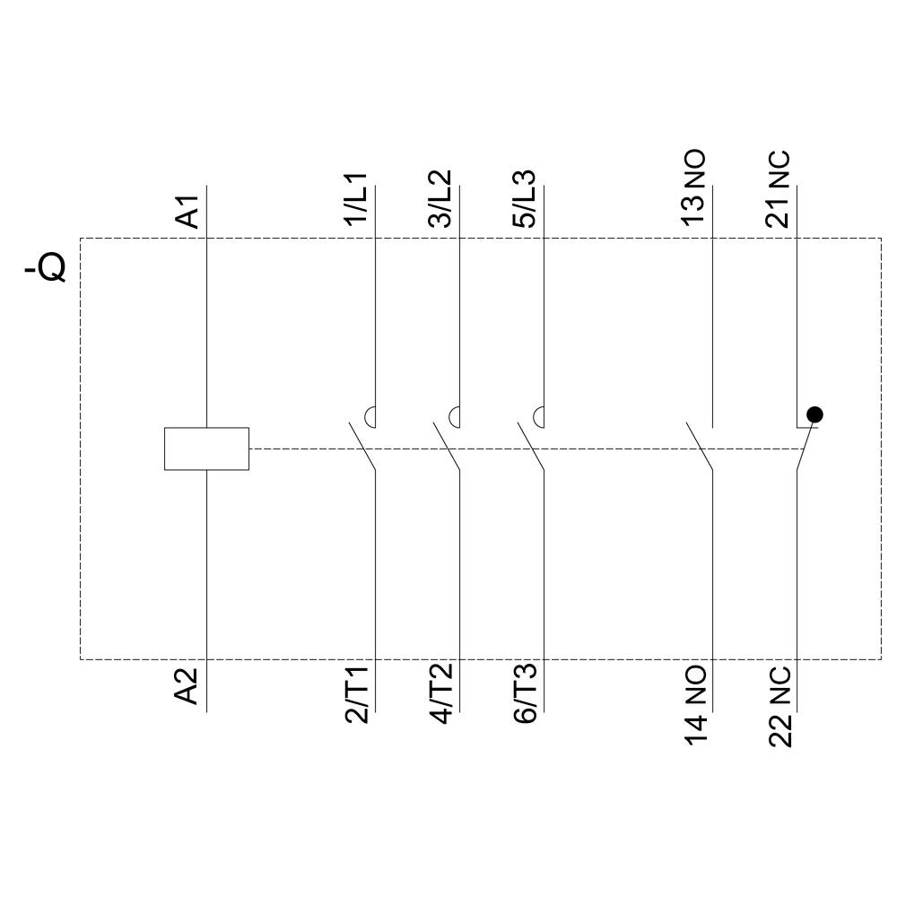 Elektroschaltplan: Drei Reihenklemmen links zu zwei Schaltern rechts. Beschriftungen: A1, A2, 1/L1, 3/L2, 5/L3, 2/TT, 4/T2, 6/T3, 13 NO, 21 NC, 14 NO, 22 NC.