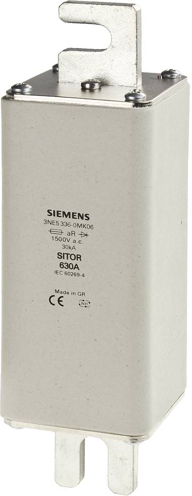 Weiße elektrische Sicherung von Siemens mit der Aufschrift '3NE1 336-0NK06, 1500V A-C, 150kA-2, SITOR, 630A, Made in GR, CE 0065'.