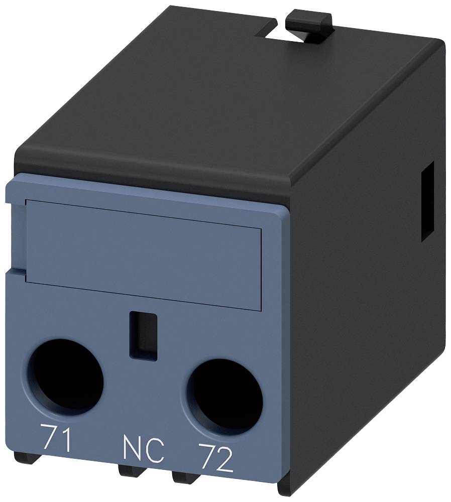 Ein schwarzes elektrisches Modul mit zwei blauen Steckplätzen, beschriftet mit '71', 'NC' und '72'.