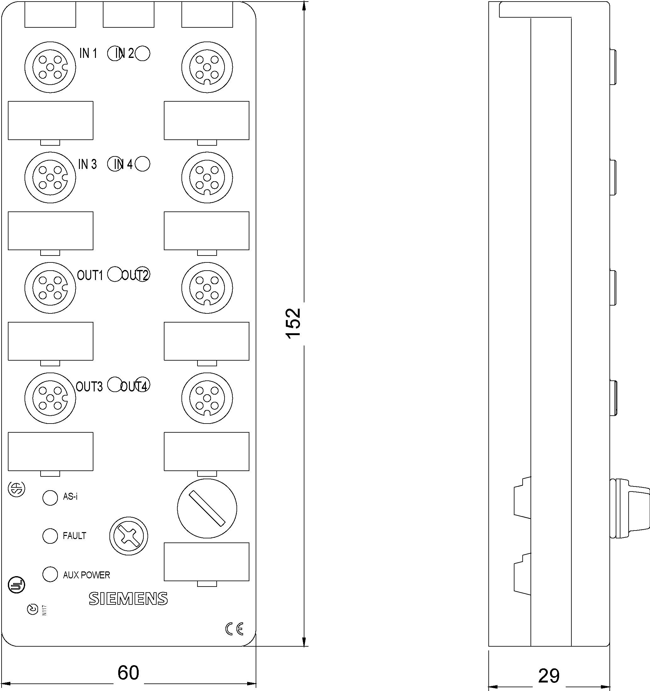Diagramm einer Siemens-Feldbusbaugruppe mit zwölf runden Steckverbindern, gekennzeichnete Ein- und Ausgänge, seitliche Abmessungen angegeben.