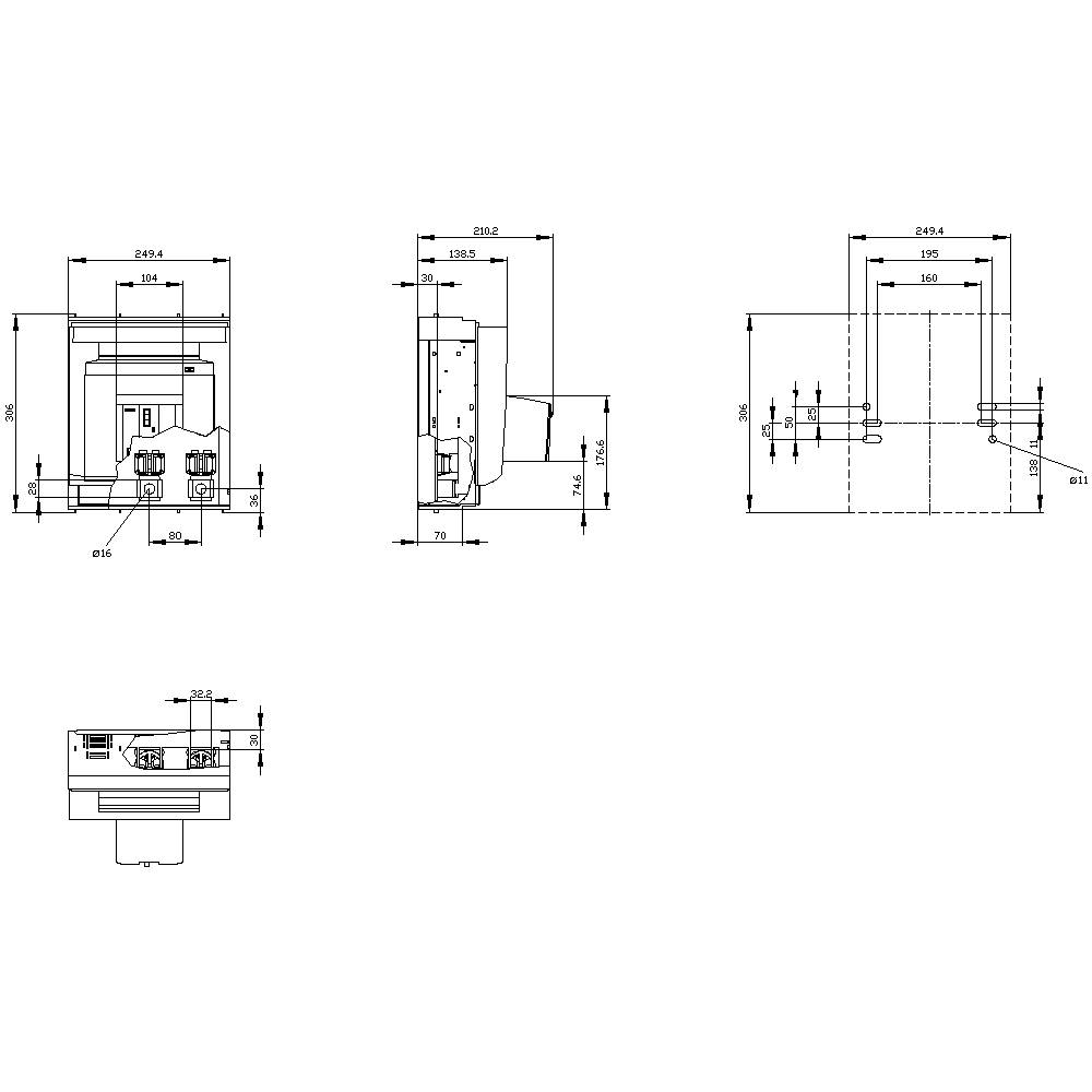 Technische Zeichnung eines Geräts mit Front-, Seiten- und Aufsicht. Maßangaben zeigen Abmessungen in Millimetern.