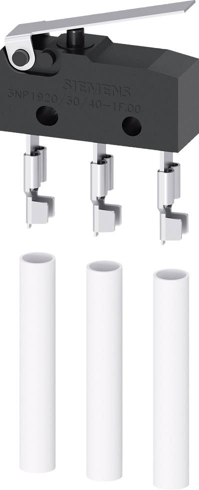 Ein Schalter mit Hebelmechanismus, oben montiert, verbunden mit drei zylinderförmigen Stiften. Darunter drei weiße Röhren.