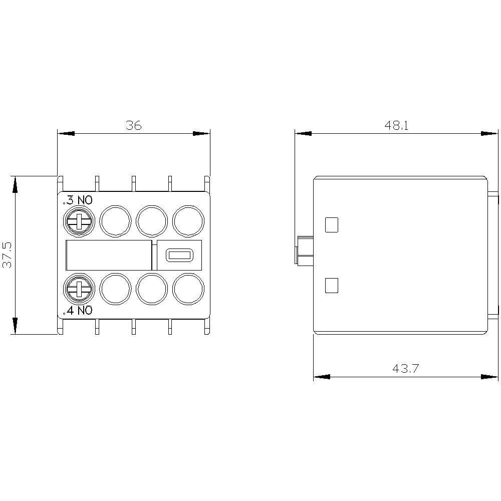 Technische Zeichnung eines elektronischen Geräts mit Anschlüssen und Maßen: Breite 36 mm, Länge 48,1 mm, Höhe 37,5 mm.