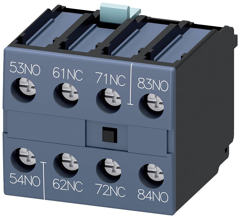 Ein Grafikbild eines elektrischen Schaltklemmenblocks. Es zeigt vier satzweise nummerierte Öffnungen (53NO, 61NC, 71NC, 83NO) oben und seitlich einen hellblauen Hebel.