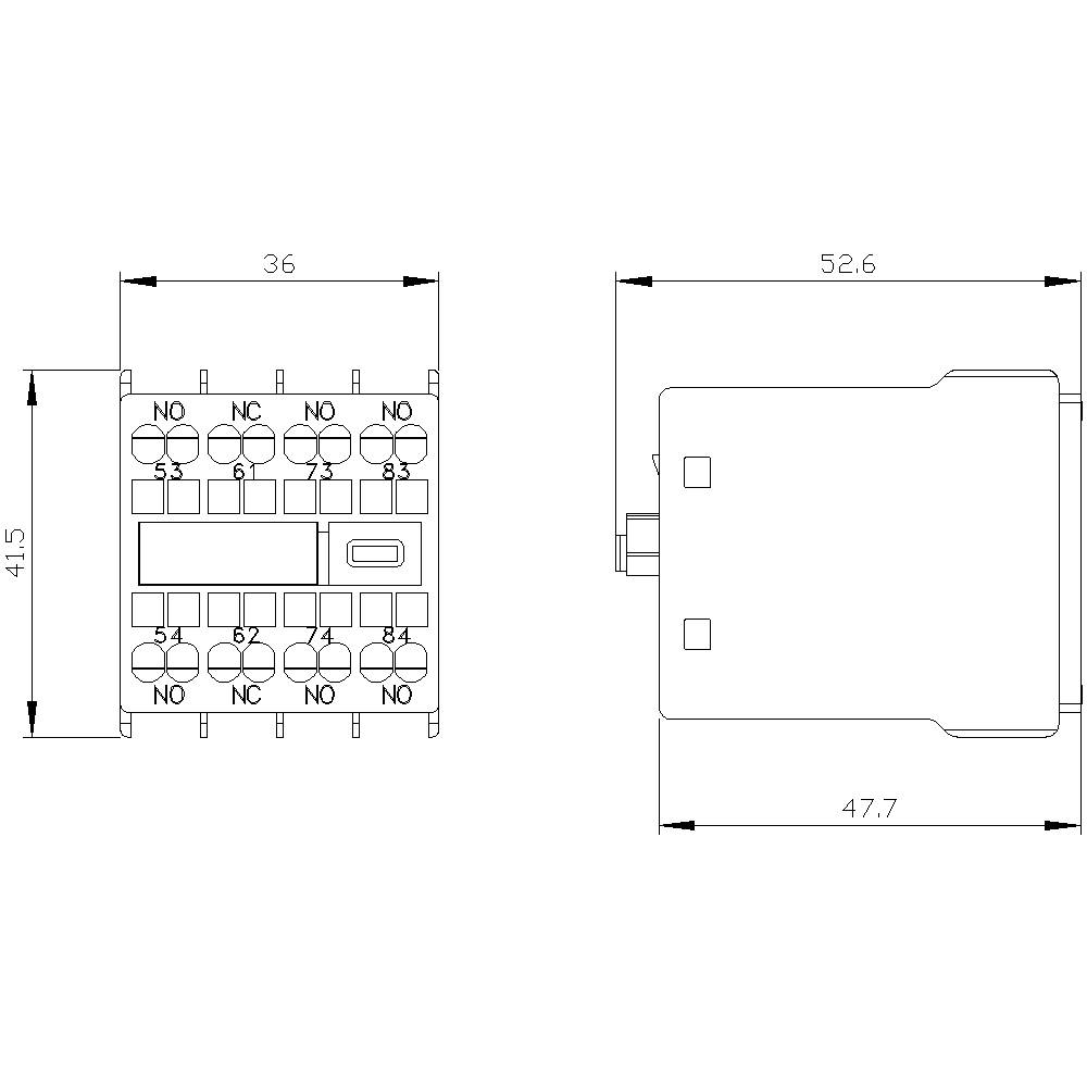 Abbildung einer technischen Zeichnung eines Relais mit Front- und Seitenansicht. Maße: Breite 36 mm, Höhe 41,5 mm, Tiefe 52,6 mm.