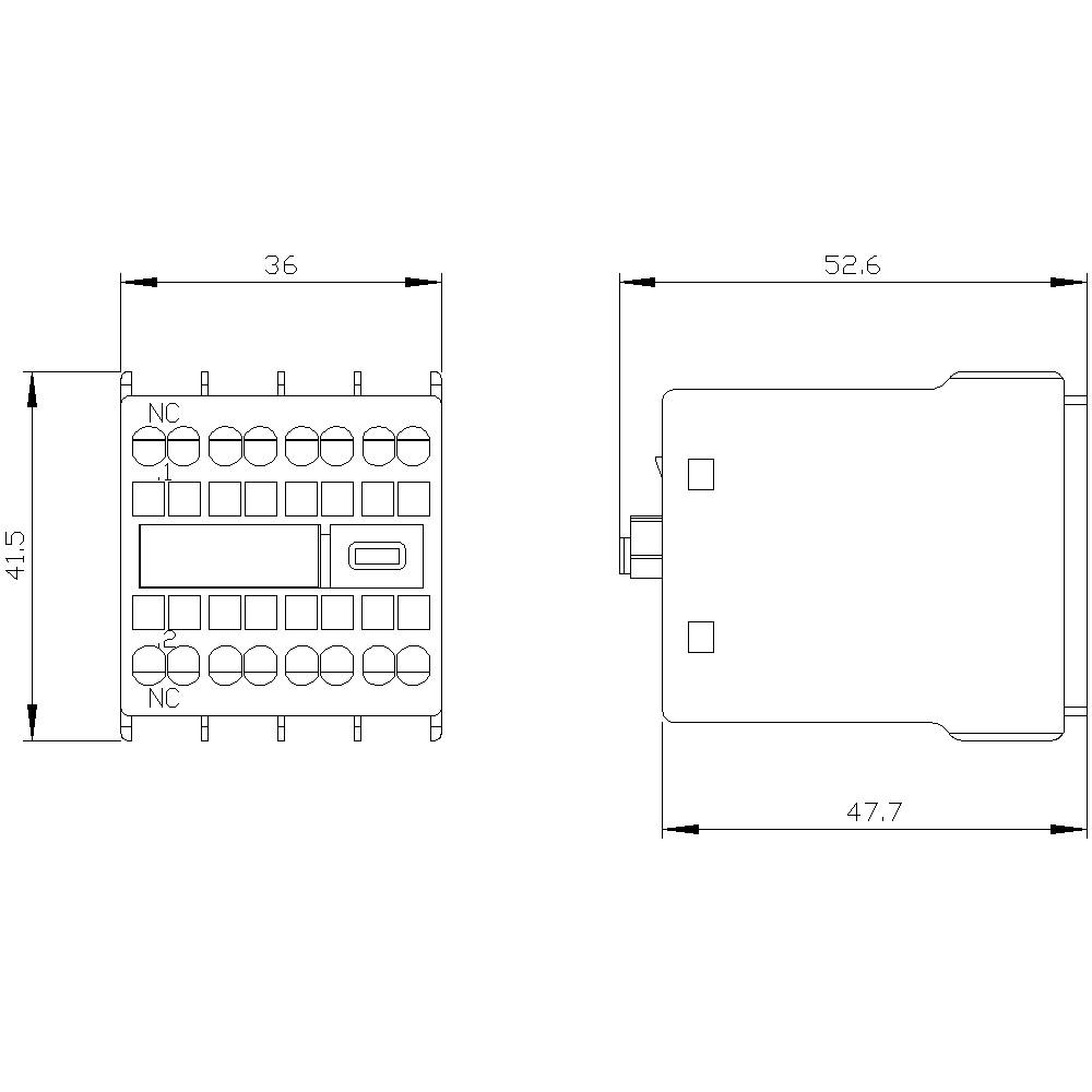 Technische Zeichnung eines elektronischen Relais mit Maßangaben: Breite 36 mm, Höhe 41,5 mm, Tiefe 52,6 mm. Zeigt Anschlüsse.