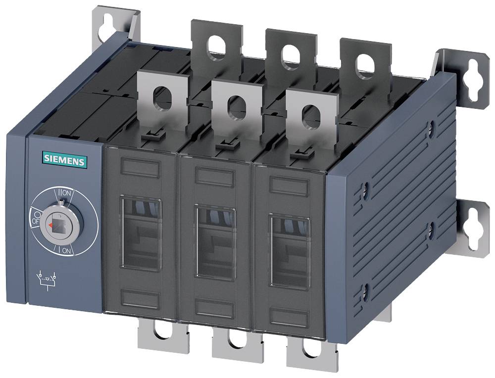 Ein grauer Siemens-Leistungsschalter mit vier Schaltern und Metallanschlüssen, zur Regelung von elektrischen Stromkreisen.