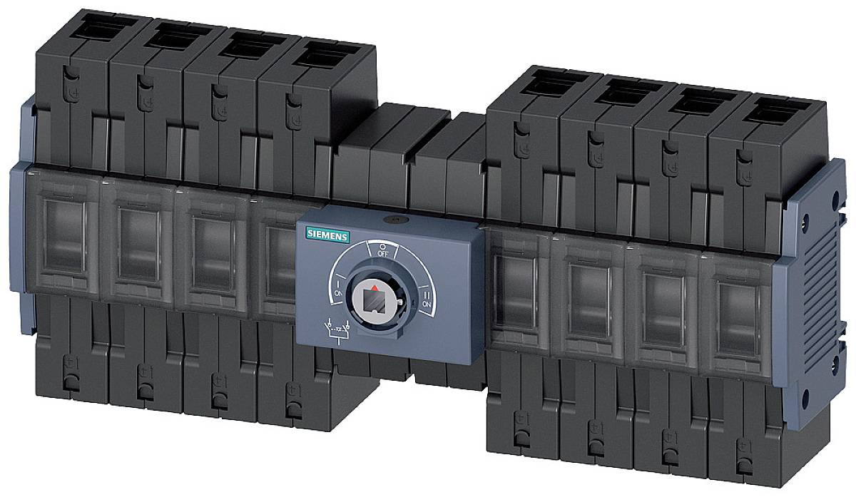 Ein modularer Siemens Leistungsschalter in Schwarz und Grau mit einem zentralen Schalter. Hauptmerkmal: Stromflusssteuerung.