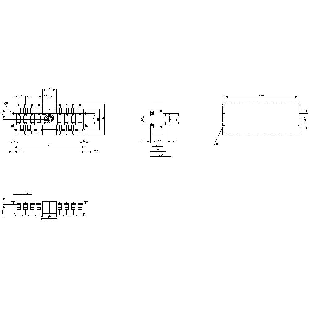 Technische Zeichnung eines mechanischen Bauteils mit mehreren Ansichten; zeigt Maße, Formen und mechanische Verbindungen.