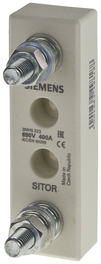 Ein rechteckiger Sicherungshalter von Siemens für 690V und 400A. Hergestellt in Tschechien, mit Aufschrift 'SITOR' und CE-Kennzeichnung.