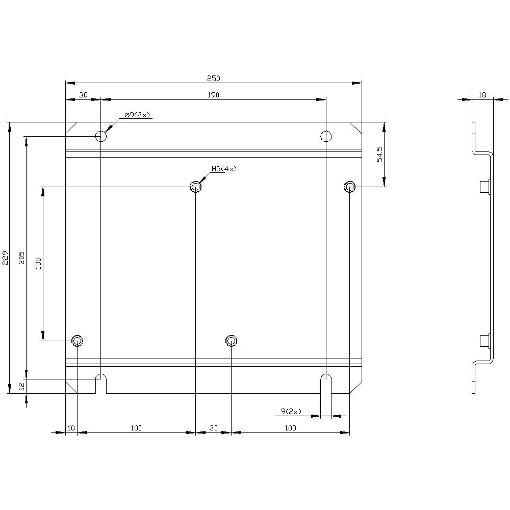Technische Zeichnung eines Metalldeckels mit Abmessungen: Breite 250 mm, Höhe 240 mm, mit mehreren Befestigungslöchern.
