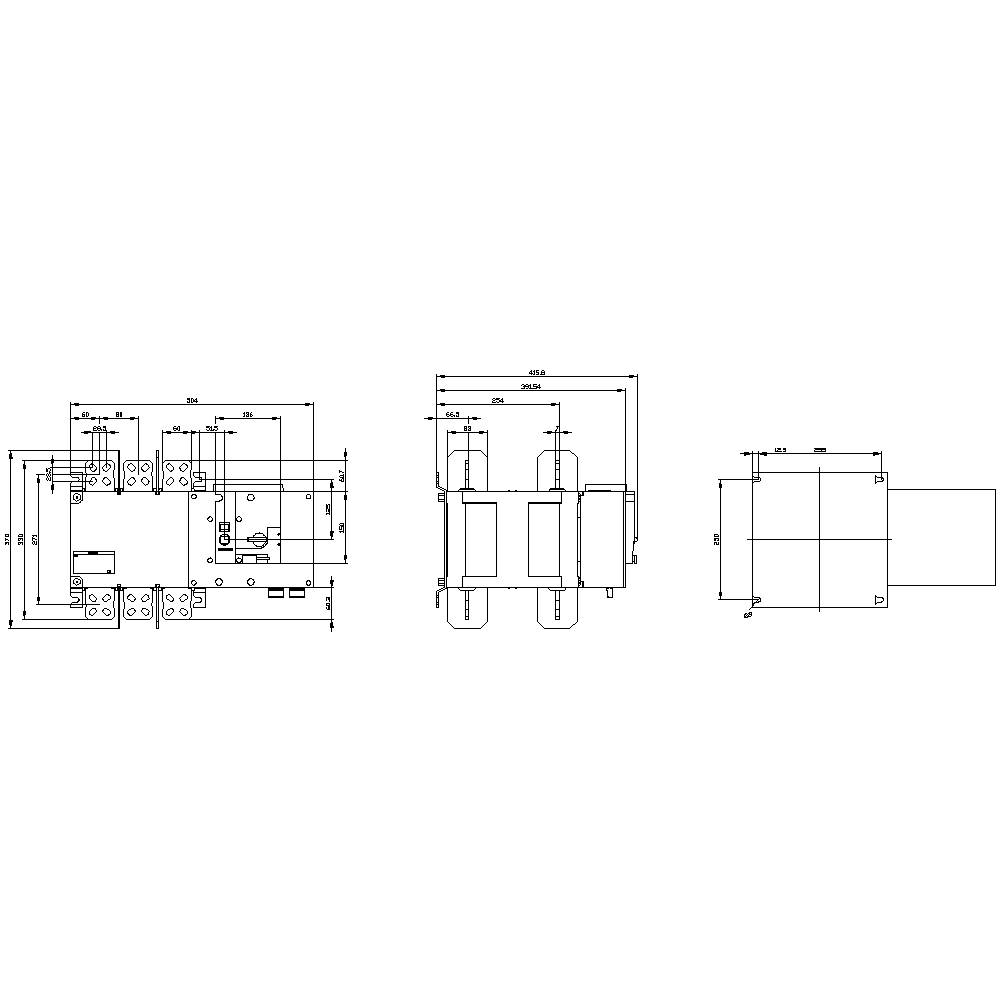 Technische Zeichnung eines mechanischen Teils in drei Ansichten: Vorderansicht, Seitenansicht und Draufsicht mit Maßangaben.