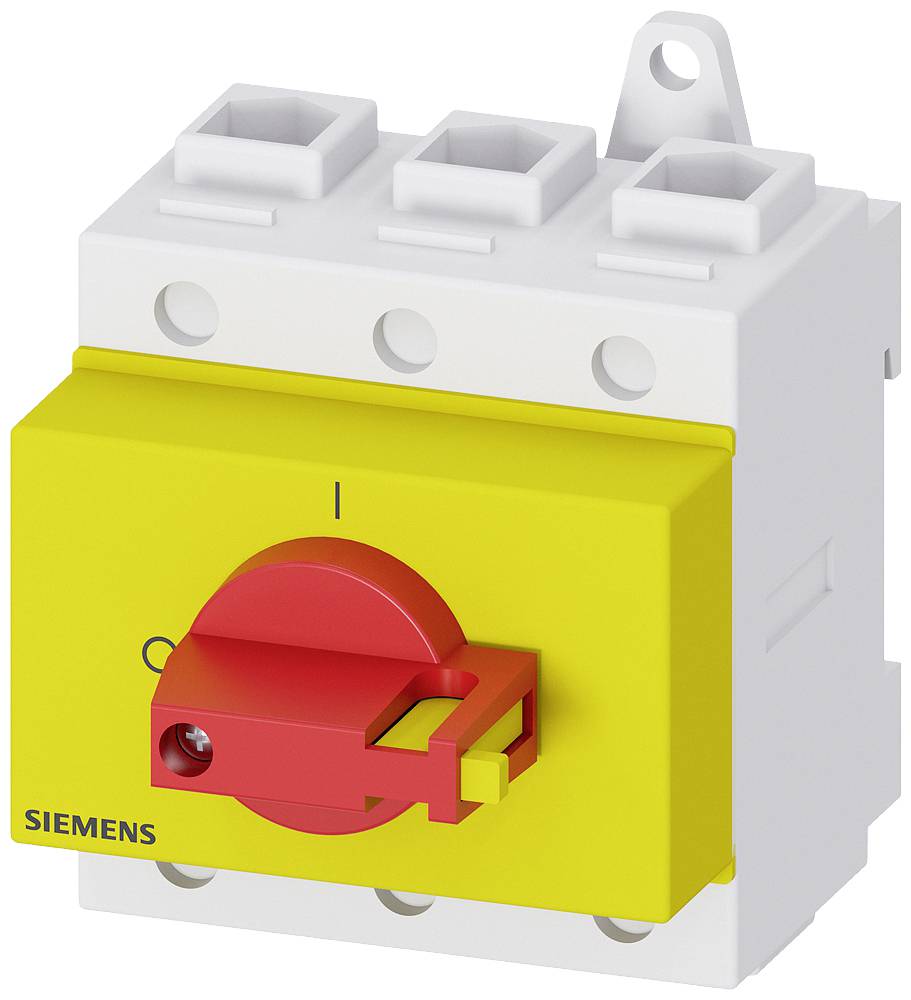 Ein gelber Hauptschalter der Marke Siemens mit rotem Drehgriff.