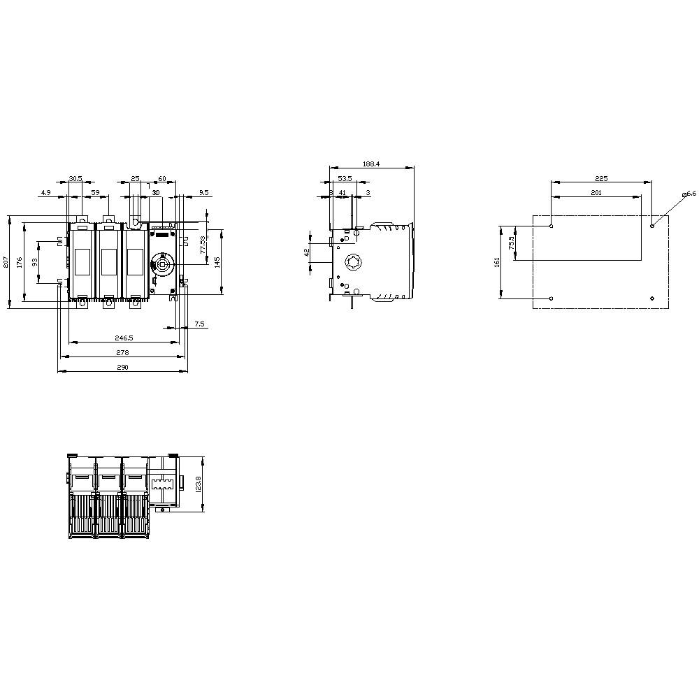 Technische Zeichnung eines elektrischen Schaltgeräts mit mehreren Ansichten und Maßen in Millimetern, zeigt detaillierte Abmessungen.