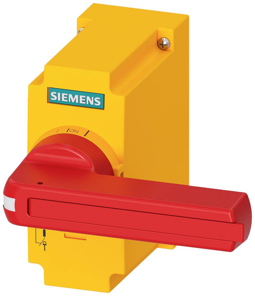 Gelber Leitungsschutzschalter von Siemens mit rotem Griff, geeignet für industrielle Anwendungen. Schalter auf 'On' Position.