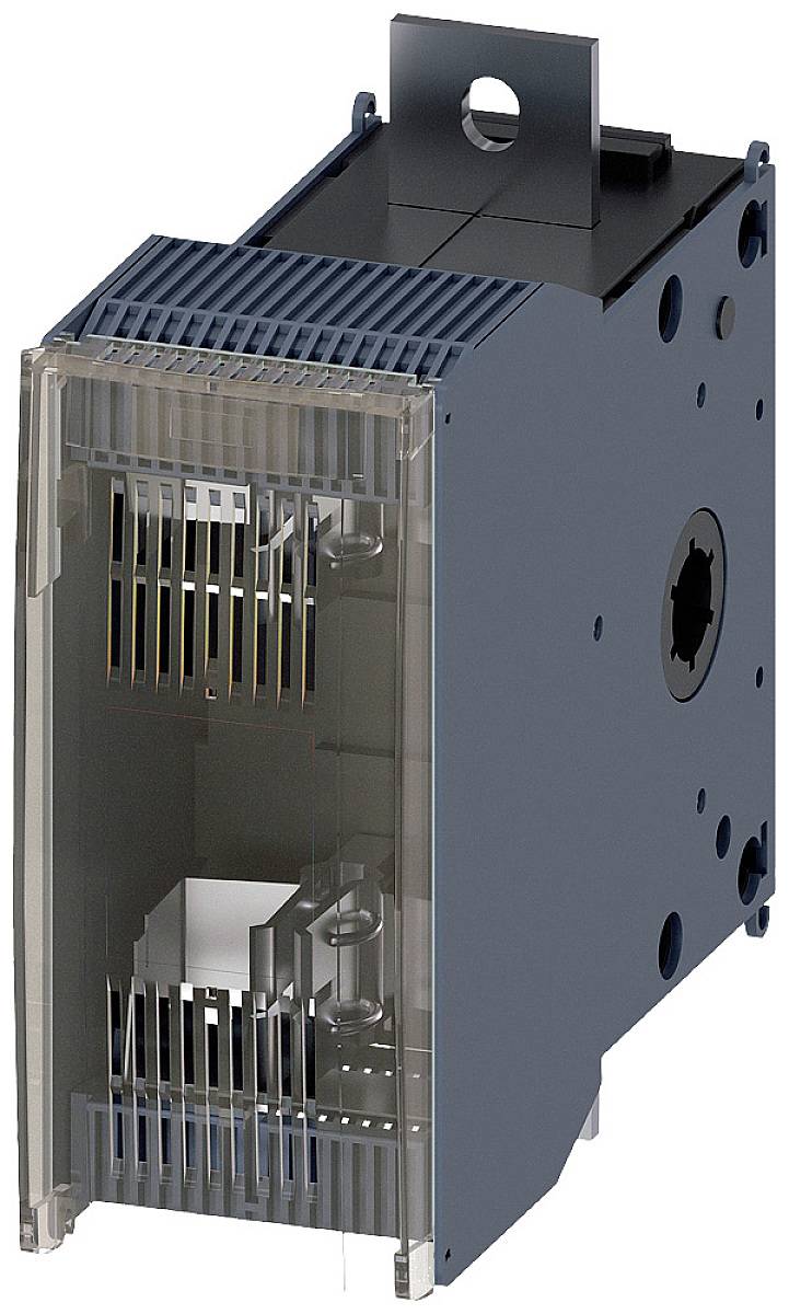 Ein rechteckiges, transparentes elektrisches Bauteilgehäuse mit sichtbaren Steckplätzen und Anschlüssen, montierbar.