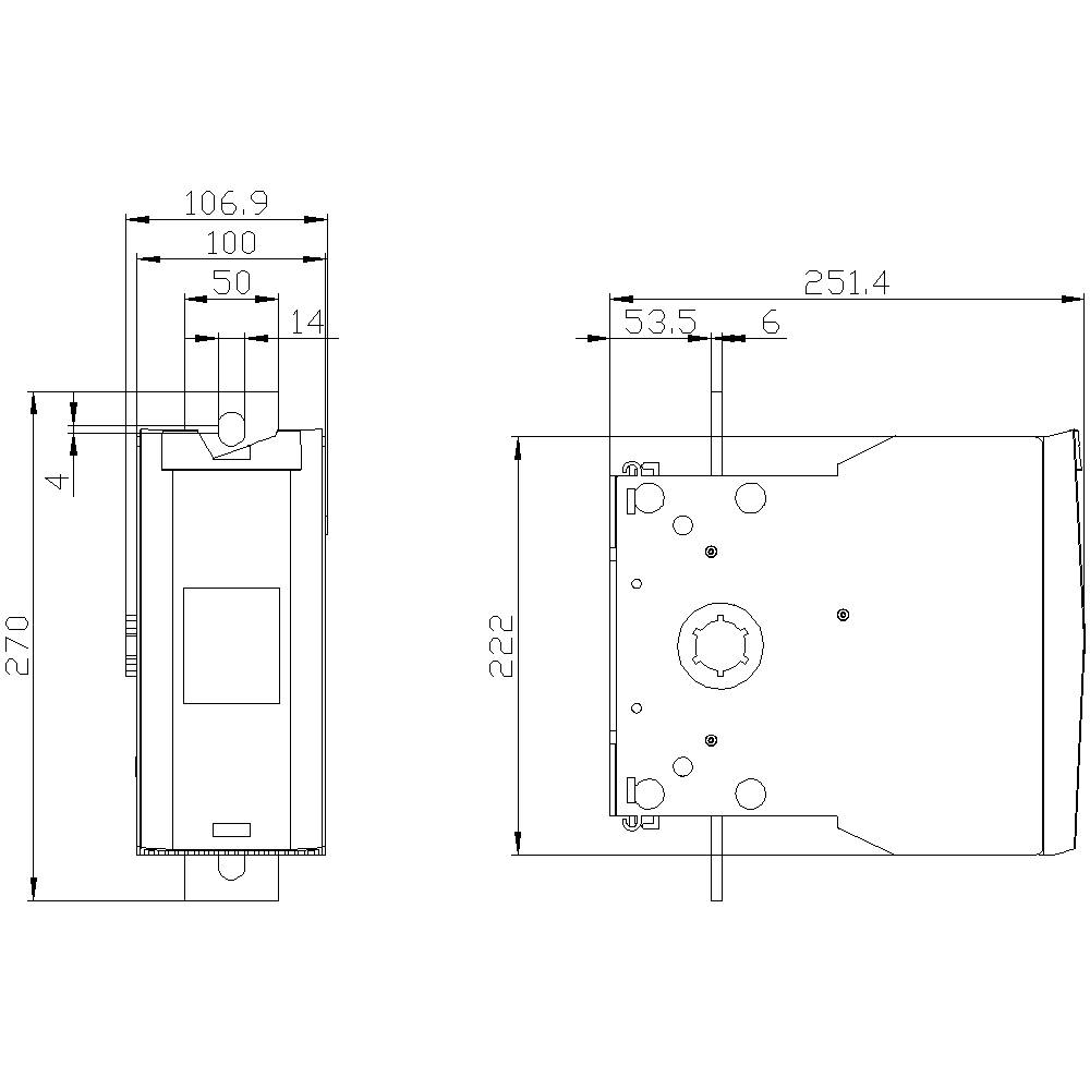 Technische Zeichnung eines Bauteils mit Abmessungen in Millimetern, zeigt Vorder- und Seitenansicht mit spezifischen Maßen.