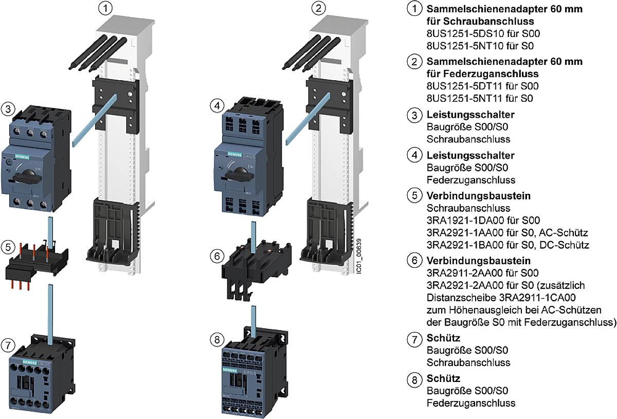 Elektroinstallationsdiagramm mit Sammelschienenadapter, Leitungsschutzschalter, Verbindungsbausteinen und Schütz; zeigt Montageanleitung.